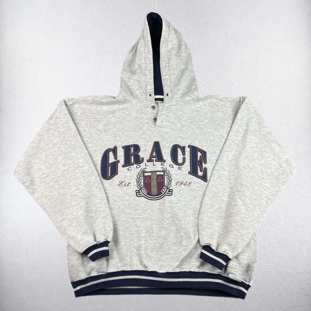 Vintage Grace College Hoodie Mens Medium Sweatshirt Gray Christian School 90s